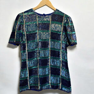 Leslie Fay Evenings Sequin Top Purple Turquoise Pullover Short Sleeve Size Med